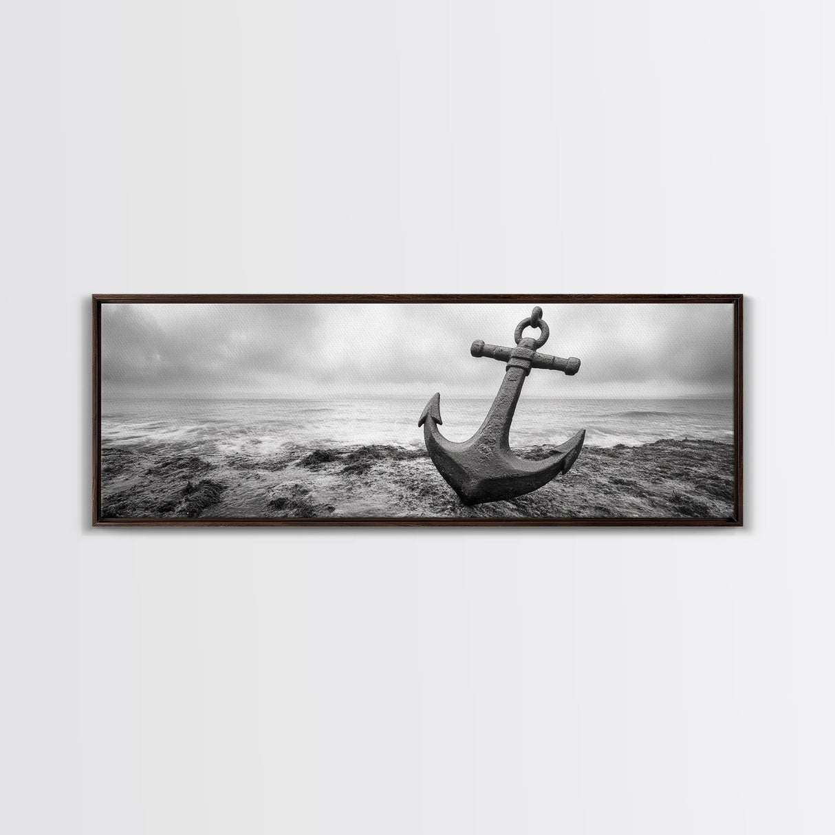 Anchor Shore, Ocean Symbol, Coastal Rust, Nautical Fog, Framed Canvas Print, Bathroom Decor, Marine Wall Art, Minimalist Nautical Style