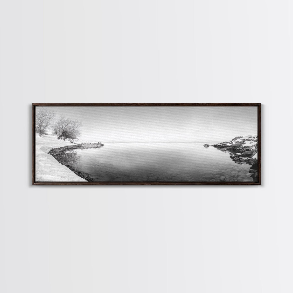 Winter Lake Reflection, Minimal Snow Scene, Bare Trees, Serene Water, Framed Canvas Print, Nordic Minimalist Art, Bedroom Wall Decor