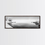 Winter Lake Reflection, Minimal Snow Scene, Bare Trees, Serene Water, Framed Canvas Print, Nordic Minimalist Art, Bedroom Wall Decor