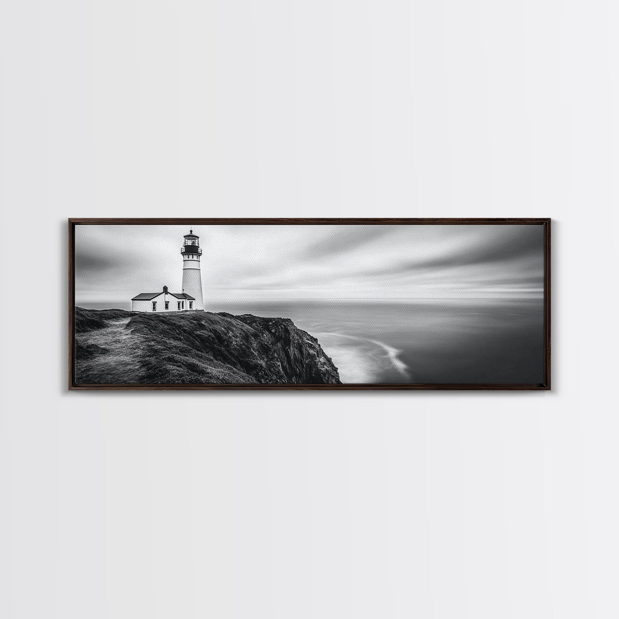 Lighthouse Serenity, Coastal Fog, Ocean Horizon, Canvas Print, Black and White Decor, Office Wall Art, Nautical Theme, Moody Photography