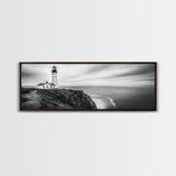Lighthouse Serenity, Coastal Fog, Ocean Horizon, Canvas Print, Black and White Decor, Office Wall Art, Nautical Theme, Moody Photography