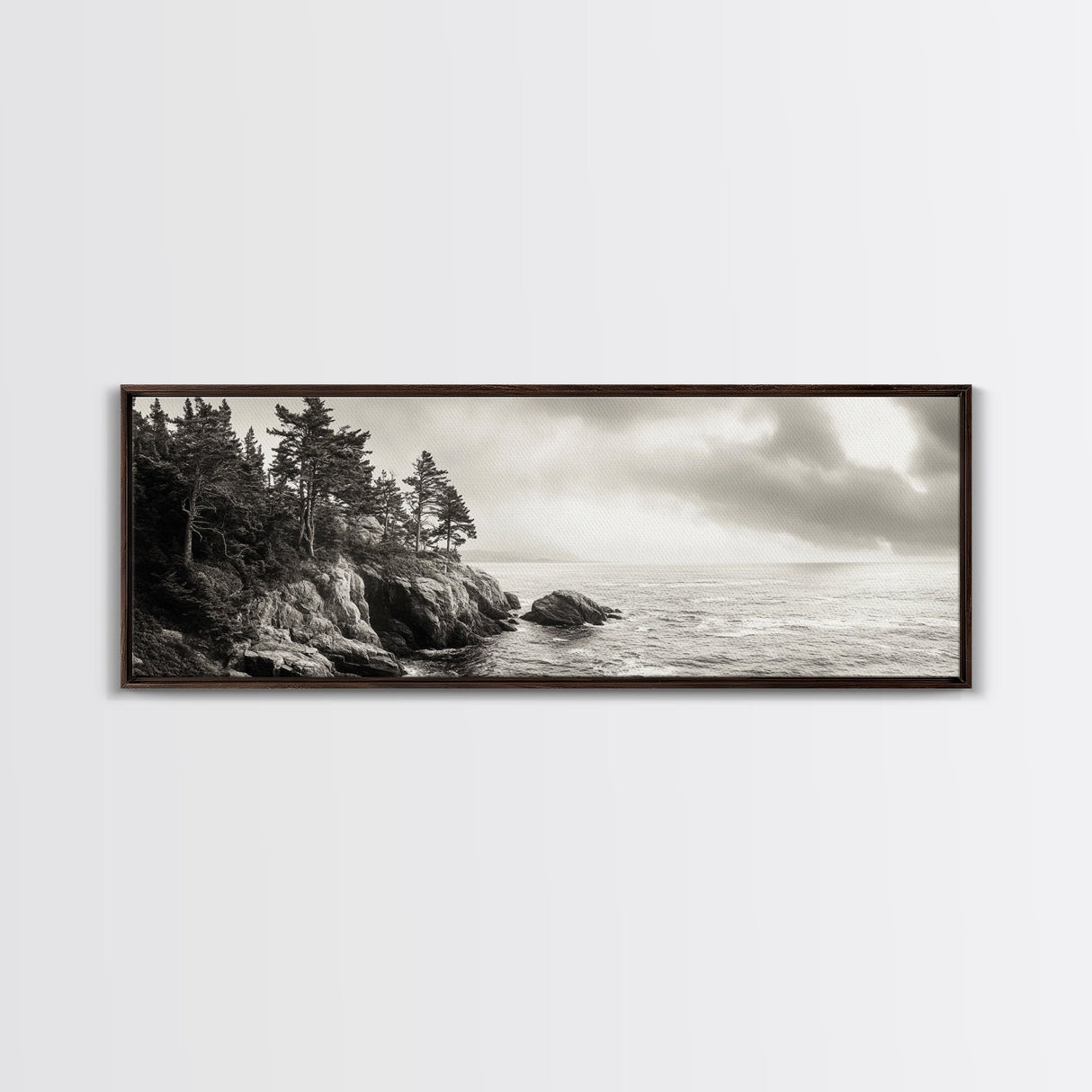 Windy Pines, Rocky Shoreline, Ocean Wilderness, Canvas Print, Vintage Nature Photography, Hallway Wall Art, Outdoor Adventure Vibe