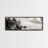Windy Pines, Rocky Shoreline, Ocean Wilderness, Canvas Print, Vintage Nature Photography, Hallway Wall Art, Outdoor Adventure Vibe