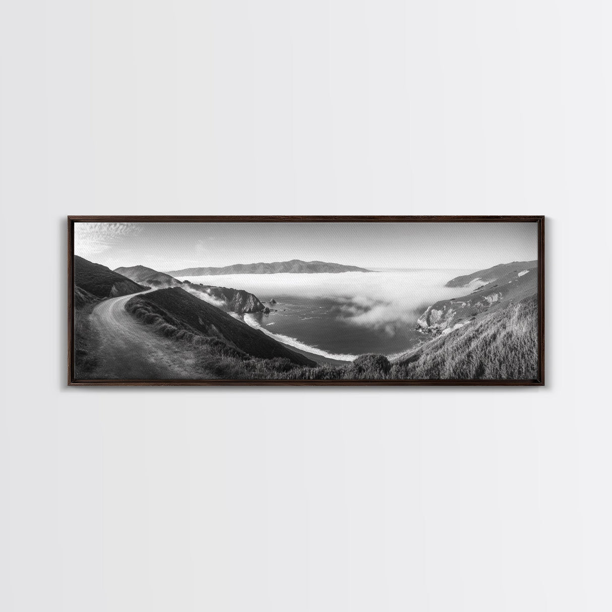 Mountain Road, Foggy Ocean View, Cliffside Drive, Framed Canvas Print, Scenic Wall Decor, Travel Photography, Modern Minimalist Art