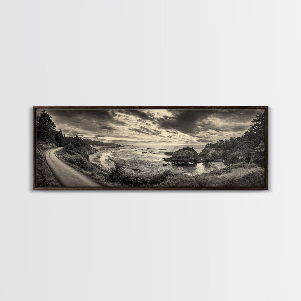 Coastal Road, Ocean Sunset, Rocky Shoreline, Framed Canvas Print, Moody Landscape Photography, Living Room Wall Art, Rustic Nature Decor