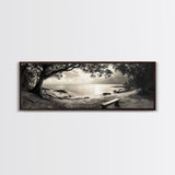 Serene Bench, Ocean View, Tropical Shoreline, Framed Canvas Print, Tranquil Beach Art, Entryway Decor, Nature Photography Wall Art