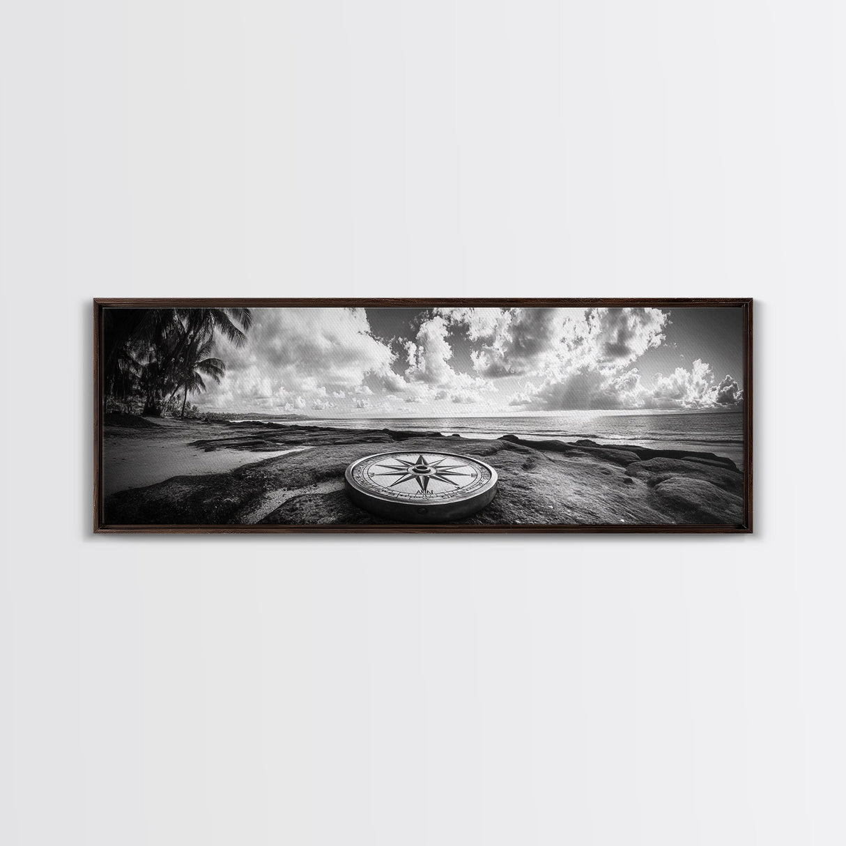 Compass Rose, Ocean Horizon, Palm Trees, Canvas Print, Nautical Beach Art, Boho Living Room Wall Art, Black and White Coastal Decor