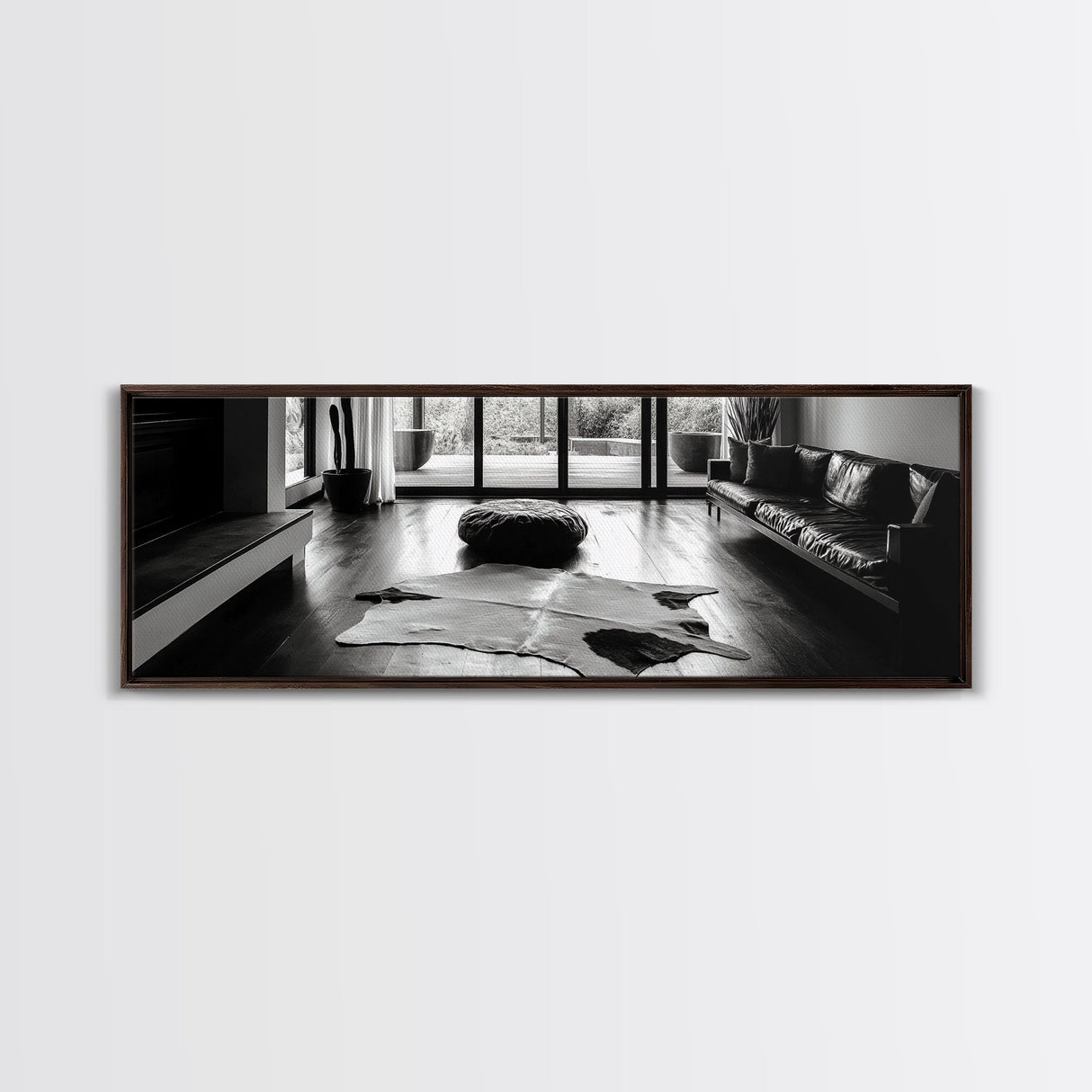 Modern Living, Minimalist Decor, Cowhide Rug, Framed Canvas Print, Neutral Aesthetic Wall Art, Luxury Living Room Design Accent