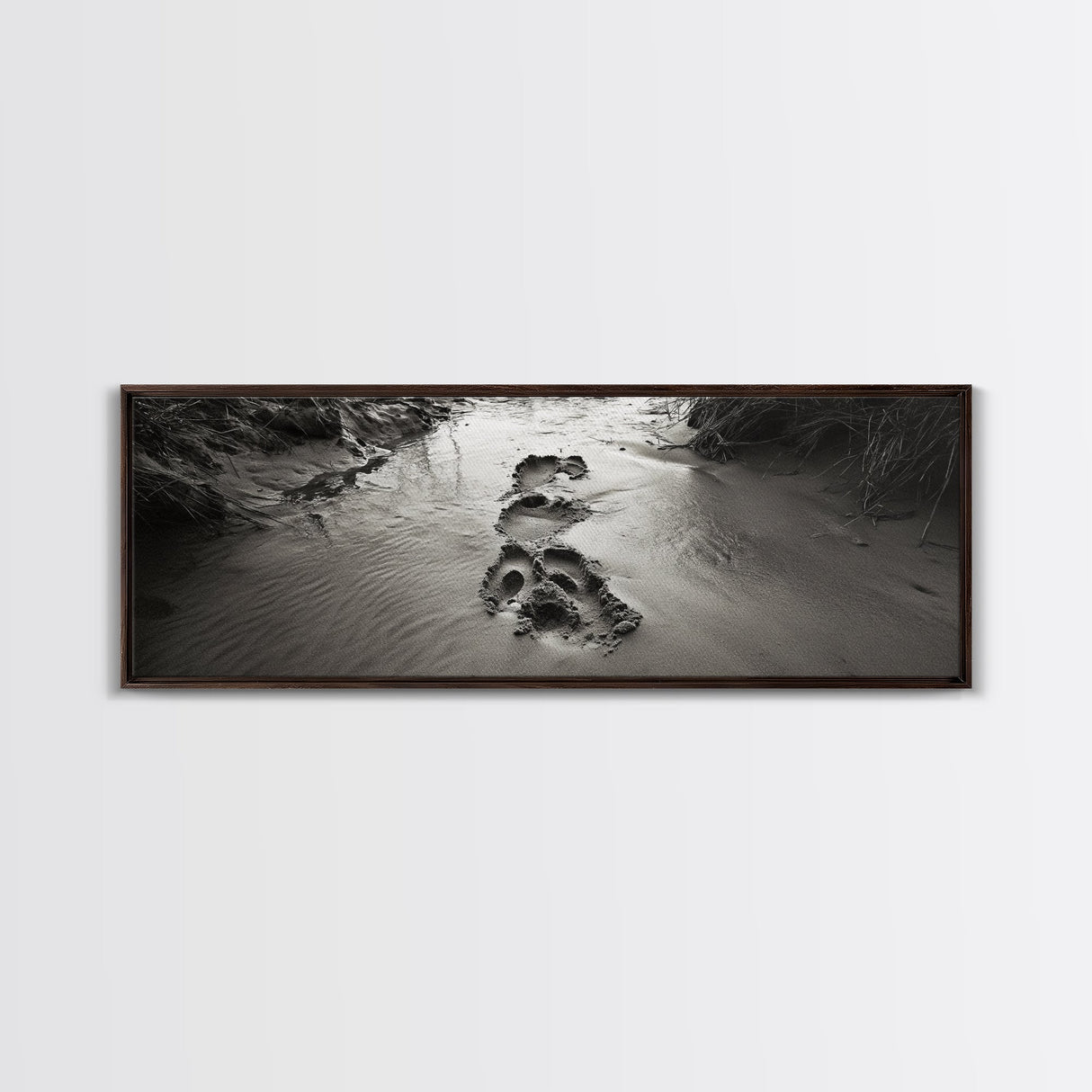 Footprints in Sand, Nature Pathway, Tranquil Stream, Framed Canvas Print, Mindful Journey Art, Rustic Entryway Wall Photography