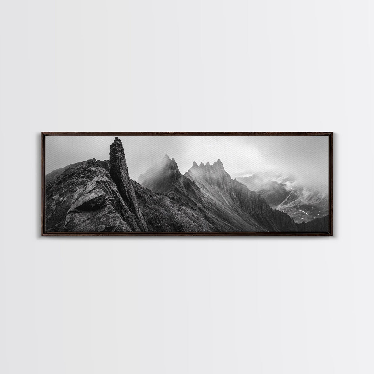 Jagged Peaks, Foggy Mountains, Dramatic Range, Canvas Print, Monochrome Wilderness Art, Office or Cabin Wall Decor, Adventure Style