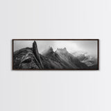 Jagged Peaks, Foggy Mountains, Dramatic Range, Canvas Print, Monochrome Wilderness Art, Office or Cabin Wall Decor, Adventure Style