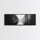Misty Canyon, River Passage, Tranquil Adventure, Canvas Print, Nature Escape Wall Art, Zen Office Decor, Moody Black and White Style