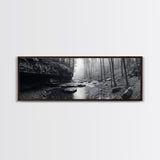 Misty River, Tranquil Forest, Autumn Nature, Monochrome Photography, Framed Canvas Print, Bedroom Wall Art, Rustic Decor, Minimalist Style