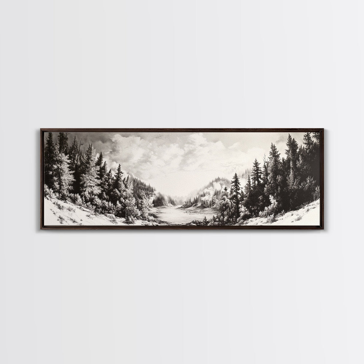 Snowy Pines, Winter Landscape, Woodland Valley, Fine Art Nature, Framed Canvas Print, Cabin Wall Art, Mountain Decor, Rustic Winter Scene