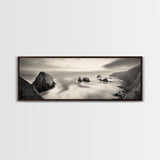 Rocky Coastline, Ocean Cliffs, Soft Waves, Long Exposure Landscape, Framed Canvas Print, Nautical Wall Art, Calm Living Room Decor