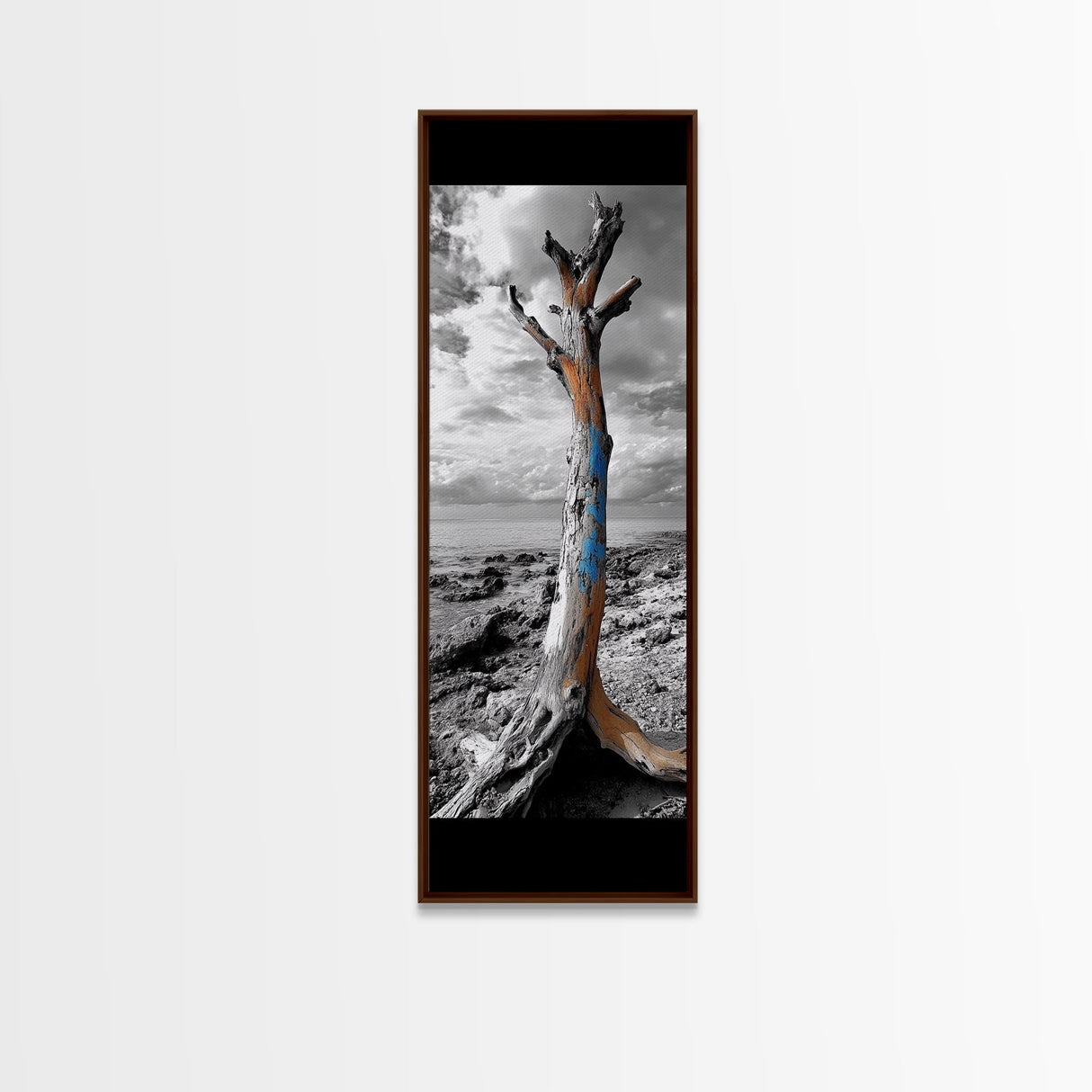 Painted Tree, Coastal Driftwood, Stormy Sky, Bold Texture – Framed Canvas Print, Beach House Decor, Abstract Nature Art, Rustic Minimalism
