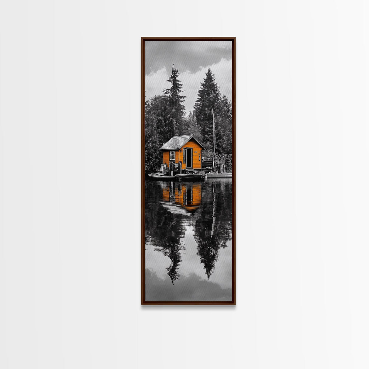 Lake Cabin, Reflection Serenity, Forest Escape, Framed Canvas Print, Nature Wall Art, Rustic Lodge Decor, Cabin Living Room Inspiration