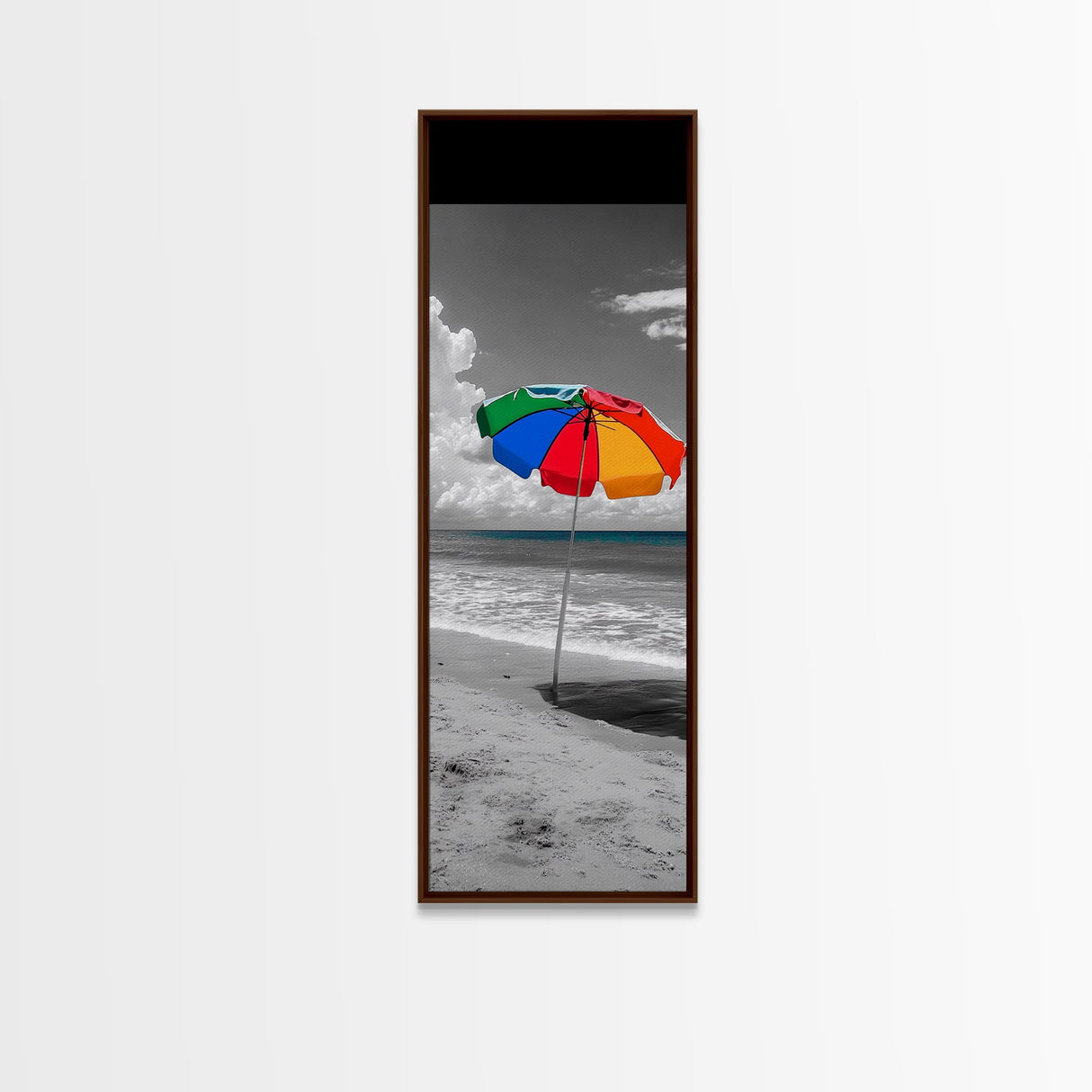 Rainbow Umbrella, Sandy Beach, Summer Sky, Framed Canvas Print, Coastal Bathroom Art, Vibrant Beach Decor, Modern Tropical Style