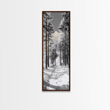 Snow Path, Winter Forest, Frosty Pines, Silent Trail, Framed Canvas Print, Christmas Wall Art, Cabin Decor, Nordic Winter Scene