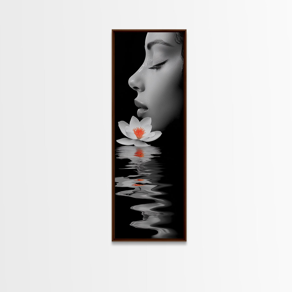 Lotus Beauty, Reflection Art, Feminine Calm, Elegant Profile, Framed Canvas Print, Spa Wall Art, Zen Decor, Minimalist Bathroom Art