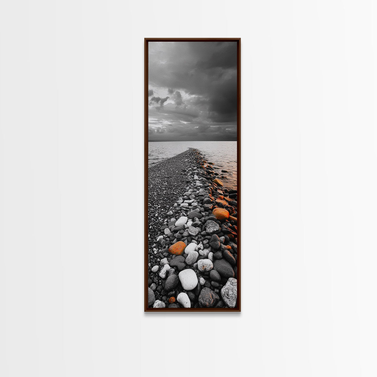 Rocky Shoreline, Sunset Glow, Ocean Path, Coastal Landscape, Canvas Print, Tranquil Nature Art, Bathroom Wall Decor Coastal Style