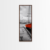Vibrant Boat, Dockside Scene, Nautical Decor, Color Accent, Framed Canvas Print, Black and White Photography, Coastal Wall Art, Bathroom Art