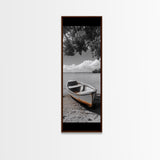 Rustic Rowboat, Tranquil Shore, Coastal Serenity, Vintage Lake Style, Canvas Print, Living Room Wall Art, Monochrome Nature Photography