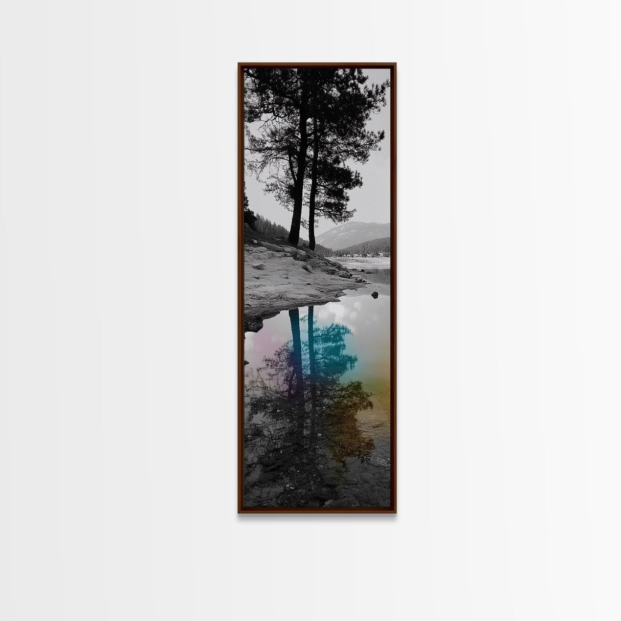 Tree Reflection, Moody Landscape, Nature Serenity, Rainbow Water, Framed Canvas Print, Boho Style, Bedroom Wall Art, Artistic Calm