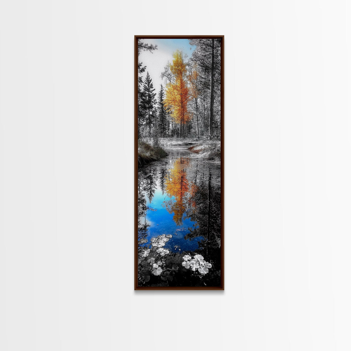 Golden Tree, Blue Reflection, Autumn Forest Mirror, Seasonal Beauty, Canvas Print, Fall Wall Art, Nature Decor, Living Room Accent