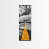 Yellow Road Line, Moody Highway, Stormy Skies, Monochrome Vibes, Framed Canvas Print, Modern Office Art, Minimalist Photography Decor