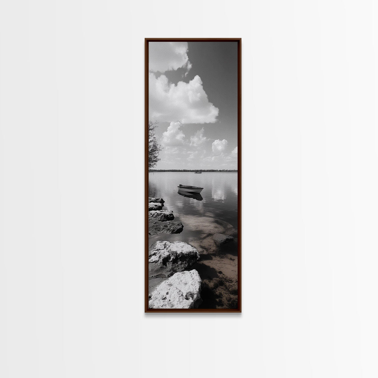 Monochrome Boat Lake, Peaceful Dockside, Still Waters, Minimal Calm, Framed Canvas Print, Bedroom Wall Art, Black White Photography