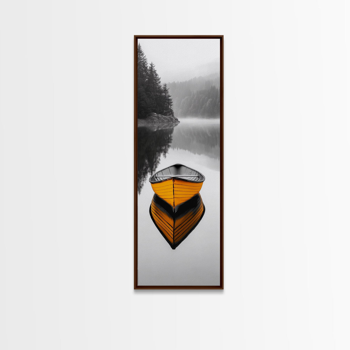 Foggy Lake Boat, Yellow Reflection, Moody Morning, Autumn Silence, Canvas Print, Cabin Wall Art, Minimal Nature, Rustic Lake Decor