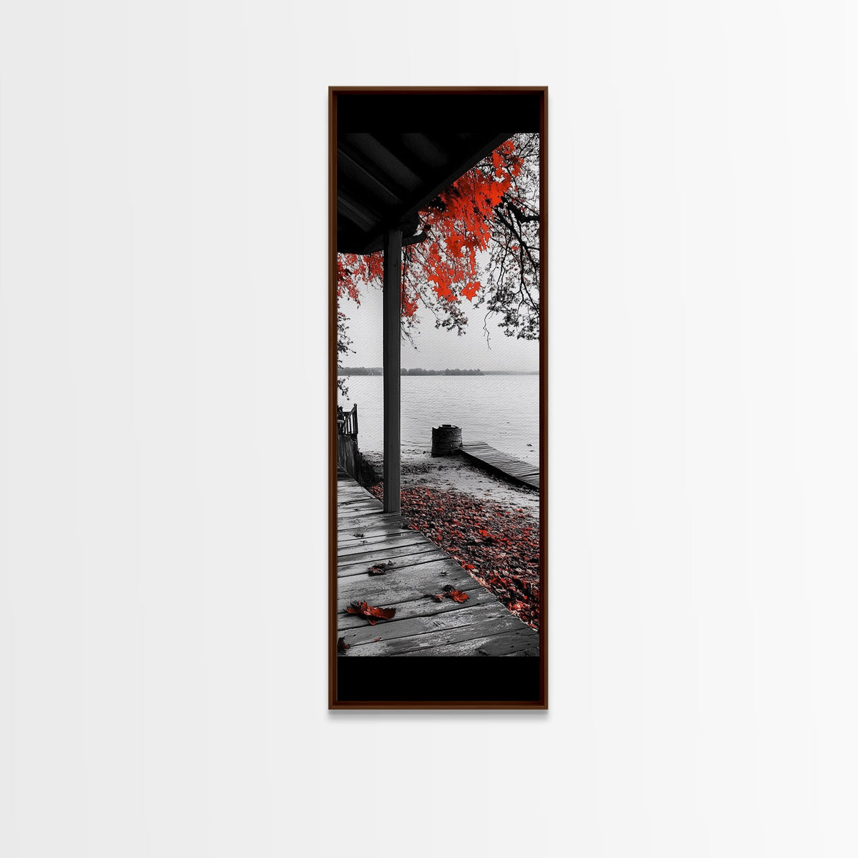 Fall Porch Scene, Lakeview Autumn, Red Leaves Deck, Tranquil Water, Canvas Print, Rustic Wall Art, Cozy Cabin Decor, Entryway Style