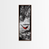 Red Hammock Escape, Nature Lake Art, Serene Moment, Outdoor Vibes, Framed Canvas Print Rustic Bedroom Wall Art, Minimalist Landscape