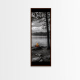 Autumn Campfire Scene, Cozy Outdoors, Fall Evening Glow, Lakeside Calm, Framed Canvas Print Cabin Decor, Living Room Autumn Wall Art