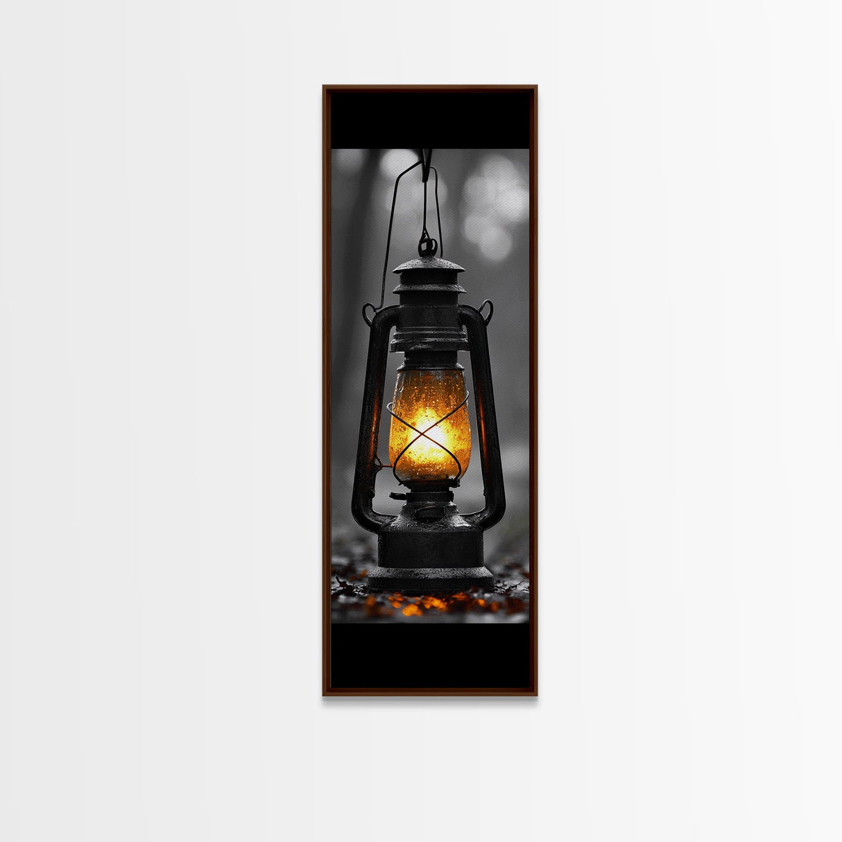Vintage Lantern Glow, Moody Forest Scene, Rainy Night Light, Framed Canvas Print Rustic Entryway Wall Art, Autumn Warmth Art Style