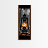 Vintage Lantern Glow, Moody Forest Scene, Rainy Night Light, Framed Canvas Print Rustic Entryway Wall Art, Autumn Warmth Art Style