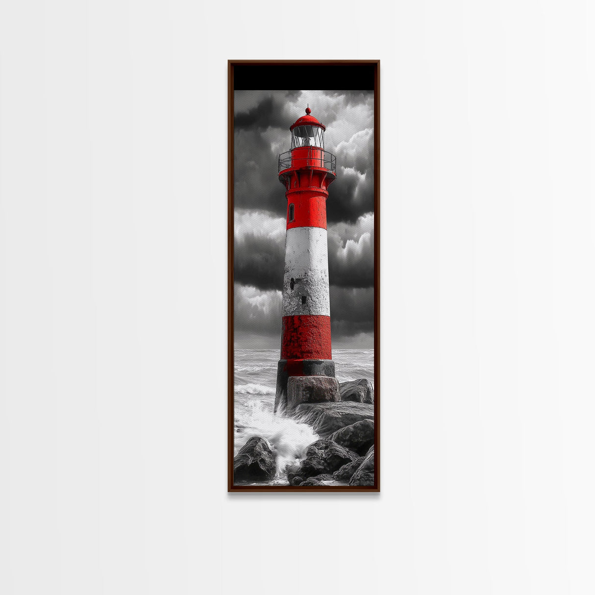 Red Lighthouse Storm, Coastal Beacon Art, Dramatic Seascape, Nautical Scene, Framed Canvas Print Living Room Wall Art, Moody Decor