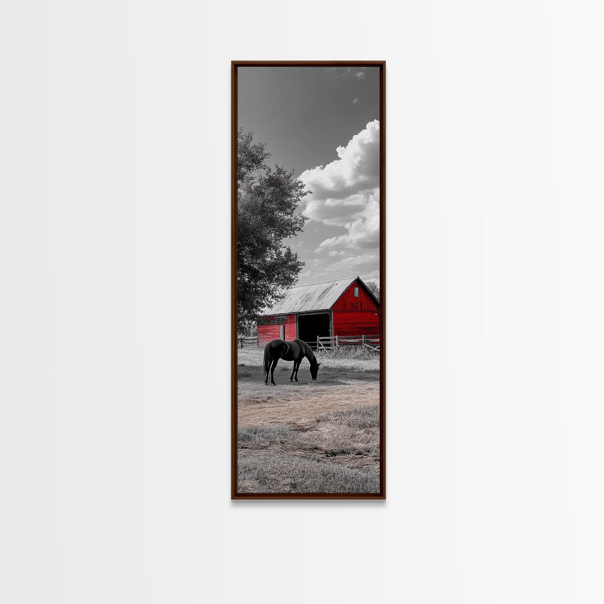 Red Barn, Black Horse, Country Charm, Rustic Farm Framed Canvas Print, farmhouse wall decor, autumn art, rustic bedroom wall art