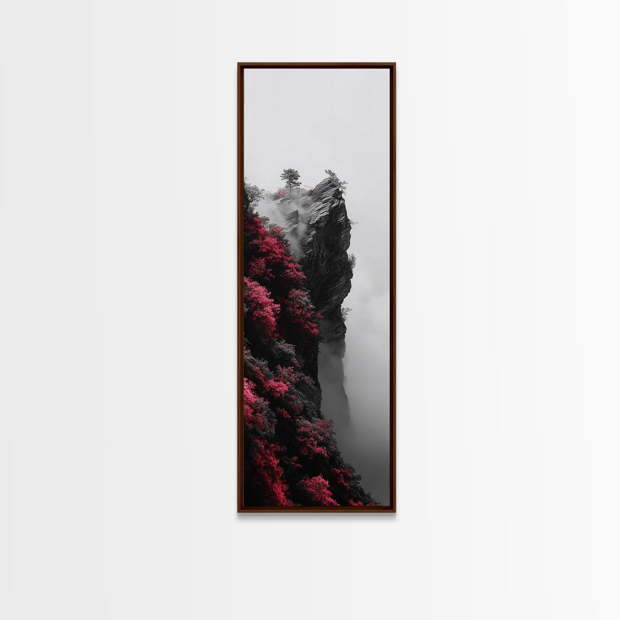 Misty Cliffs, Pink Blossoms, Zen Mountains, Dreamy Fog, Framed Canvas Print, boho wall art, meditation space, nature fantasy decor