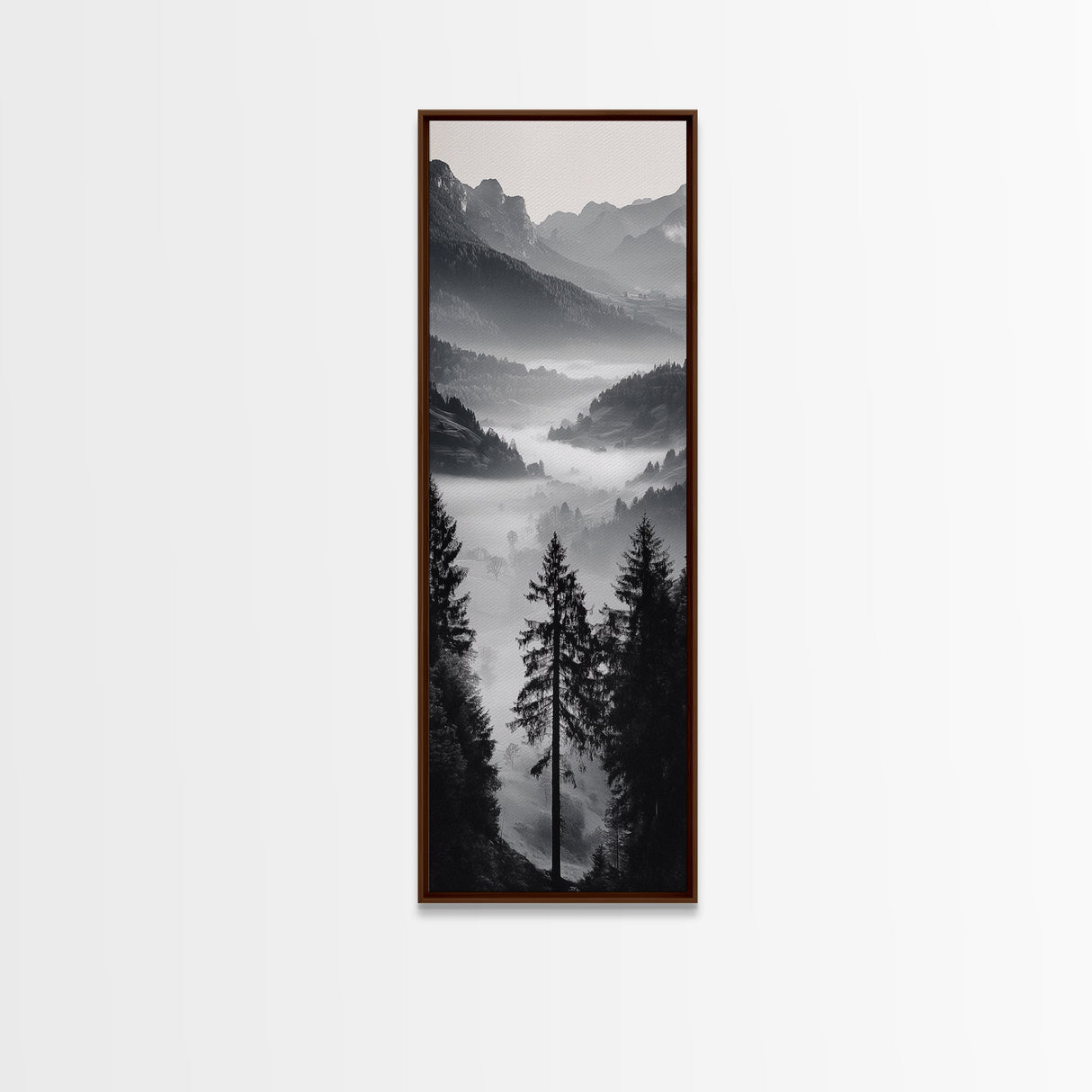 Foggy Mountains, Pine Forest, Valley Mist, Calm Landscape, Canvas Print, entryway wall art, cozy cabin vibes, grayscale art style