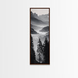 Foggy Mountains, Pine Forest, Valley Mist, Calm Landscape, Canvas Print, entryway wall art, cozy cabin vibes, grayscale art style
