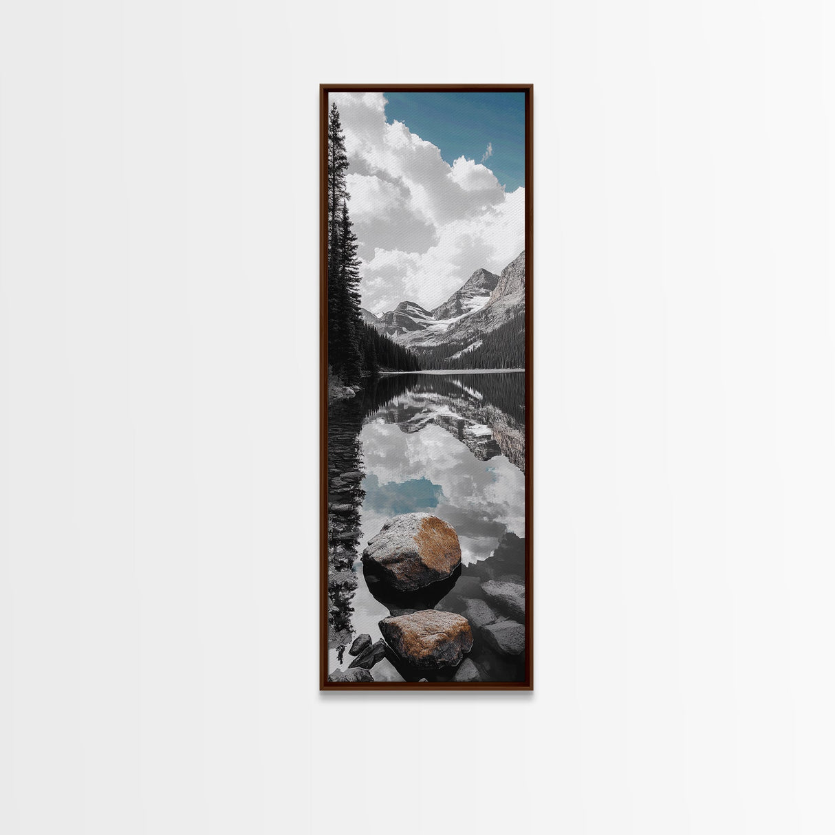 Alpine Reflection, Lake View, Mountain Tranquility, Framed Canvas Print, Nature Lover Gift, Bathroom Wall Art, Boho Landscape Art, Neutral Decor