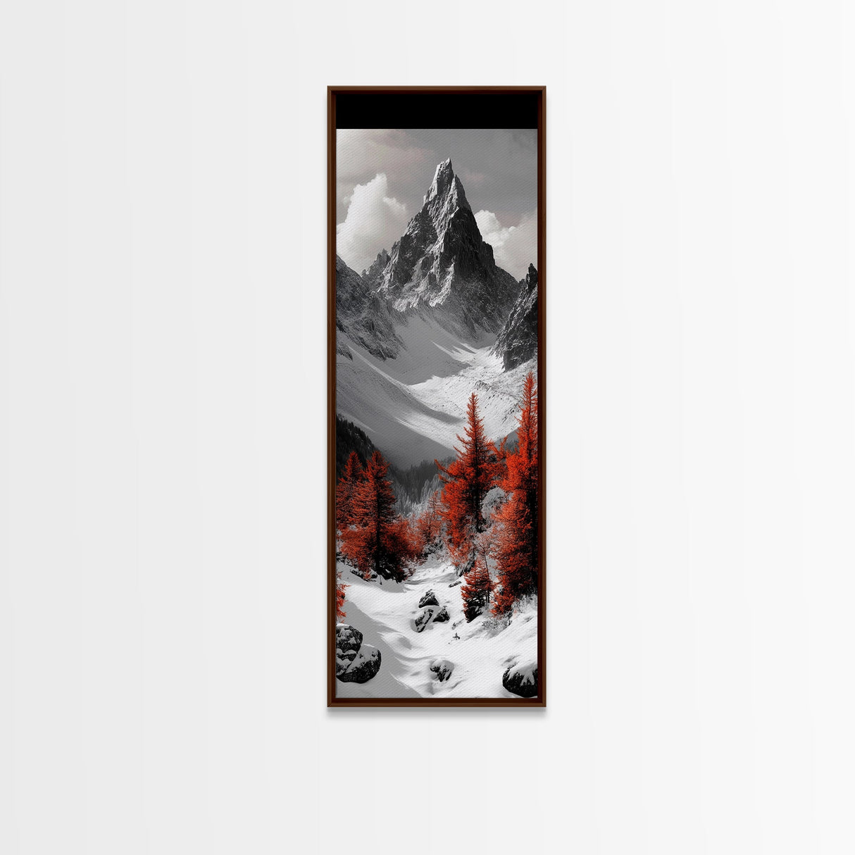 Red Trees, Snowy Mountain, Dramatic Landscape, Framed Canvas Print, Winter Wonderland Art, Office Wall Decor, Moody Nature Scene Print