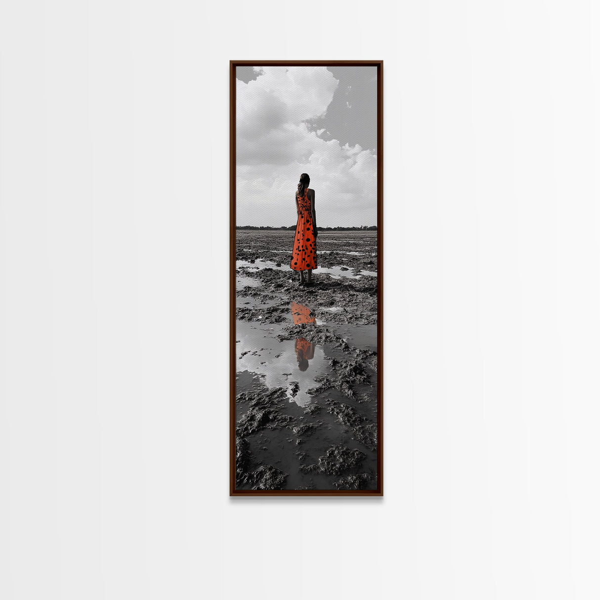 Solitary Woman, Polka Dot Dress, Reflected Mood, Framed Canvas Print, Surreal Fine Art, Bedroom Wall Art, Contemporary Minimalist Style
