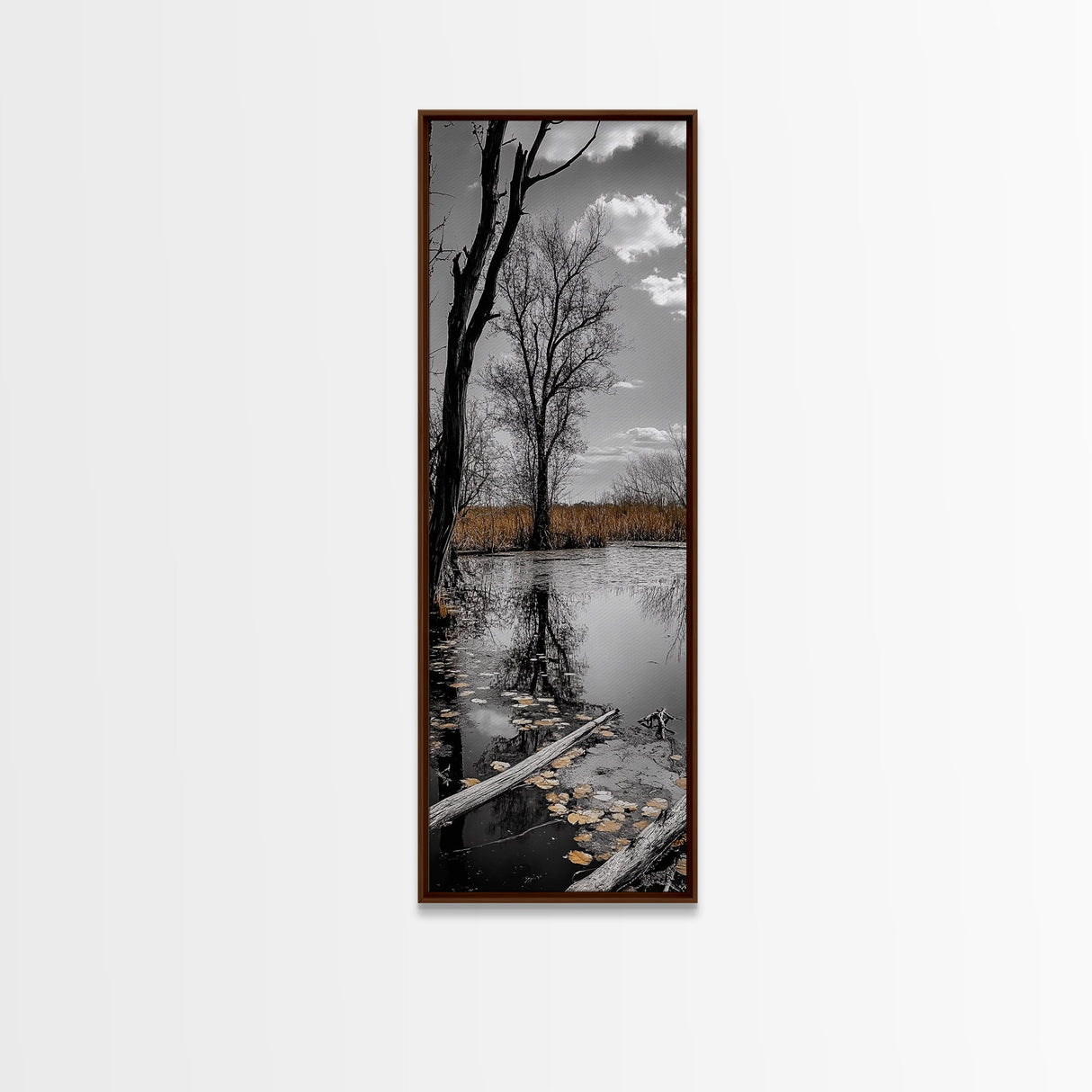 Swamp Trees, Moody Waters, Golden Lilies, Reflective Pond, Framed Canvas Print, Autumn Wall Art, Nature Decor, Living Room Landscape