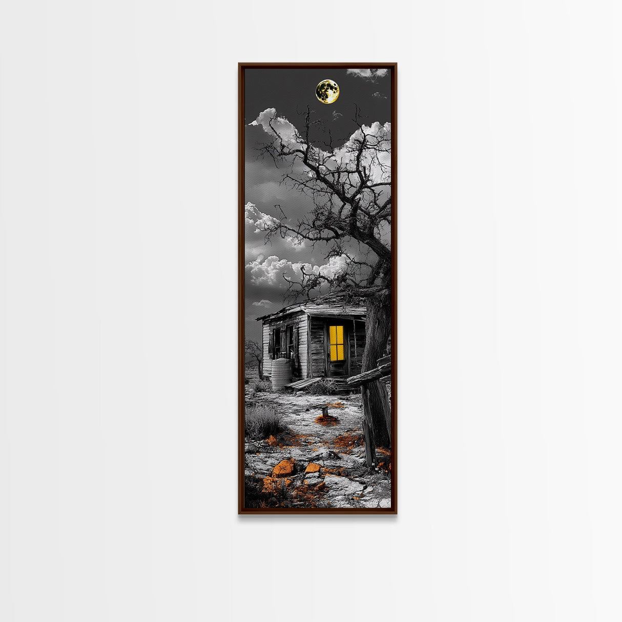 Haunted Cabin, Yellow Light, Full Moon, Framed Canvas Print, Halloween Wall Art, Gothic Decor, Spooky Home Accent, Fall Vibes