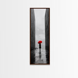 Red Umbrella, Rainy Day, Urban Silhouette, Framed Canvas Print, Minimalist Wall Art, Modern Entryway Decor, Monochrome Mood