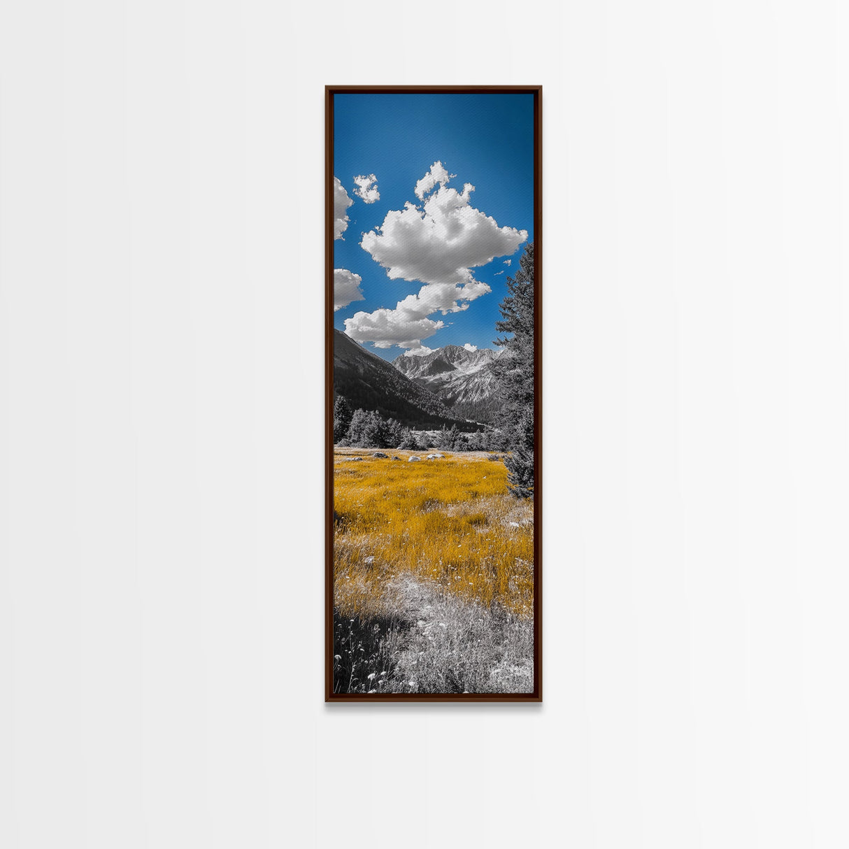 Golden Field, Mountain Range, Blue Sky, Framed Canvas Print, Autumn Landscape Art, Nature Lover Gift, Cabin Wall Art, Rustic Farmhouse Decor