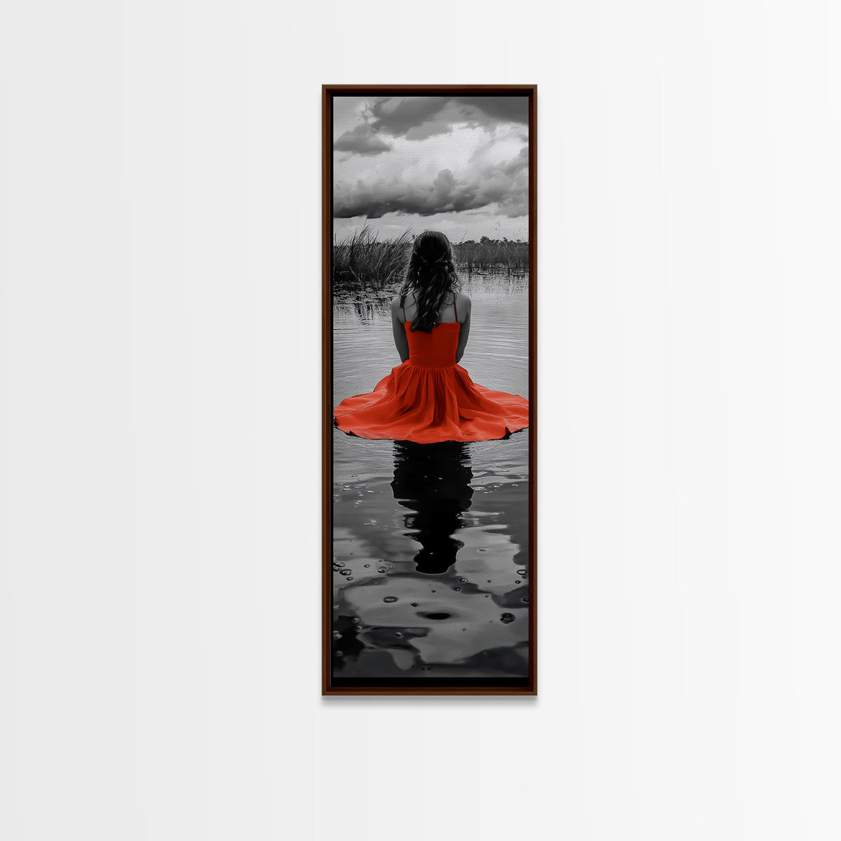 Woman in Red, Serene Lake, Moody Reflections, Dramatic Art Scene, Canvas Print, Bedroom Wall Art, Romantic Decor, Adventure Themed Ar